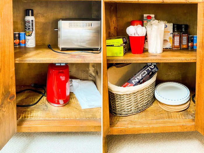 Inside the cabinets, I found cooking supplies. If I was staying for more than one night and planned to grill, I would have used them, I thought.