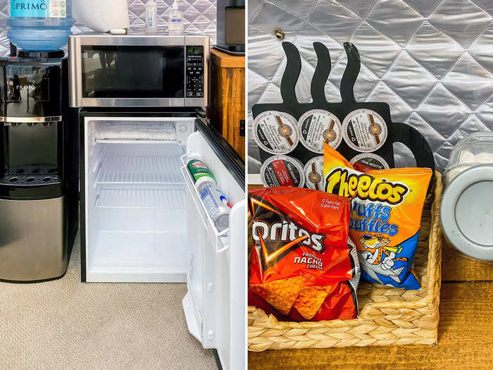 The Airbnb came with two soda cans in the fridge as well as complimentary chips and marshmallows.