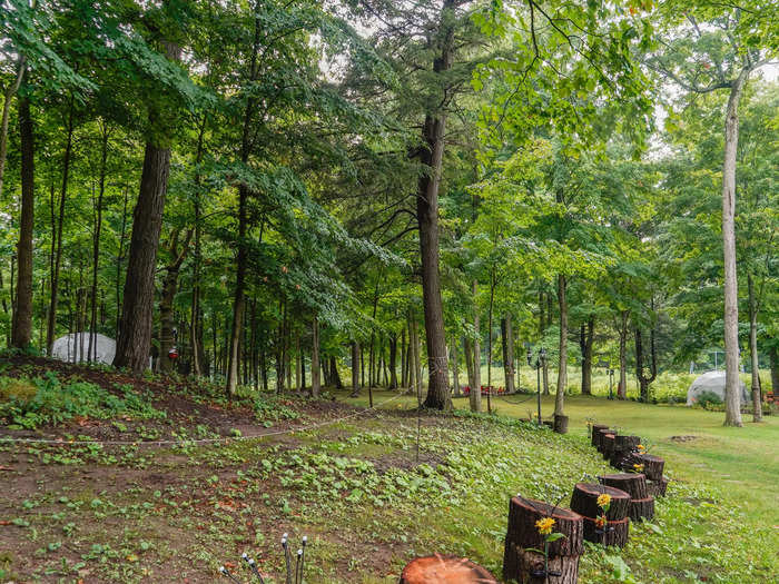 About 45 minutes north of Toronto, Canada, is a woodsy glamping site on a private property with geodesic domes scattered throughout the grounds.