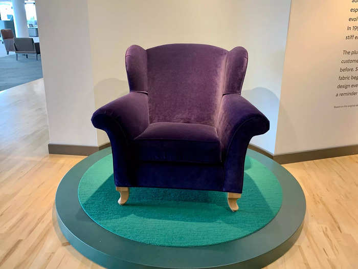 My final stop before leaving was this stuffed purple chair, a replica of the ones that became iconic in Starbucks store design in the 1990s when the chain embraced an identity as a third place.