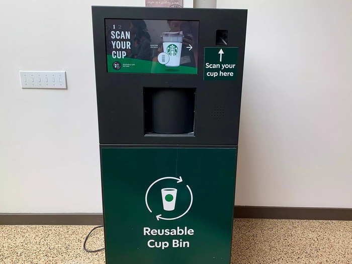 All cups are reusable, and can be dropped in these bins around the office after they