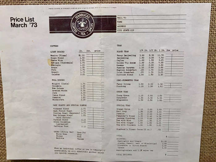 The menu from 1973 is especially interesting, and it shows you could buy a pound of coffee beans for under $2.