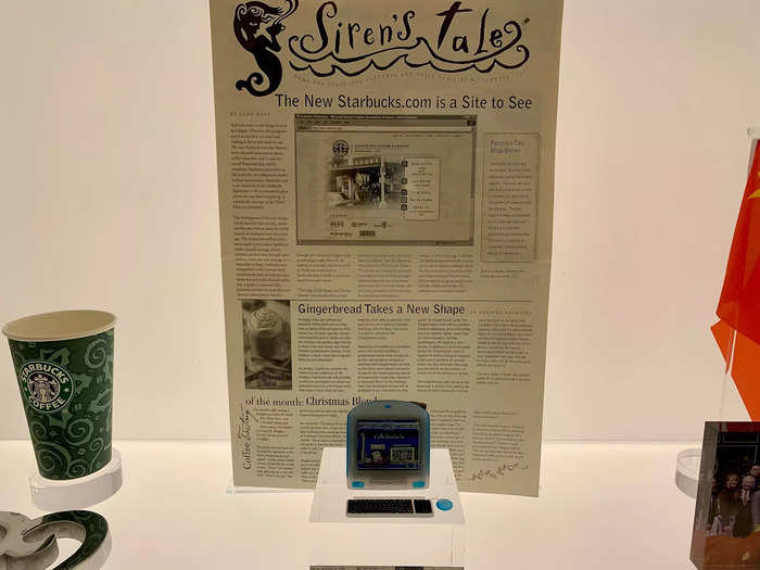 Another display memorializes the original Starbucks website. Digital presence has become huge for the chain, with mobile orders making up about 25% of sales.