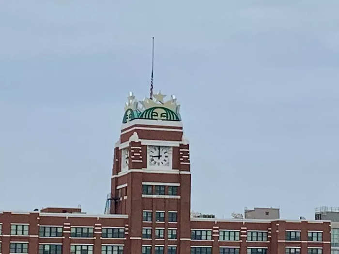 The top of the building has the iconic siren logo.