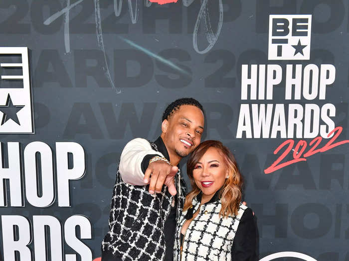 Rapper T.I and his wife Tameka "Tiny" Harris wore near identical black-and-white outfits.