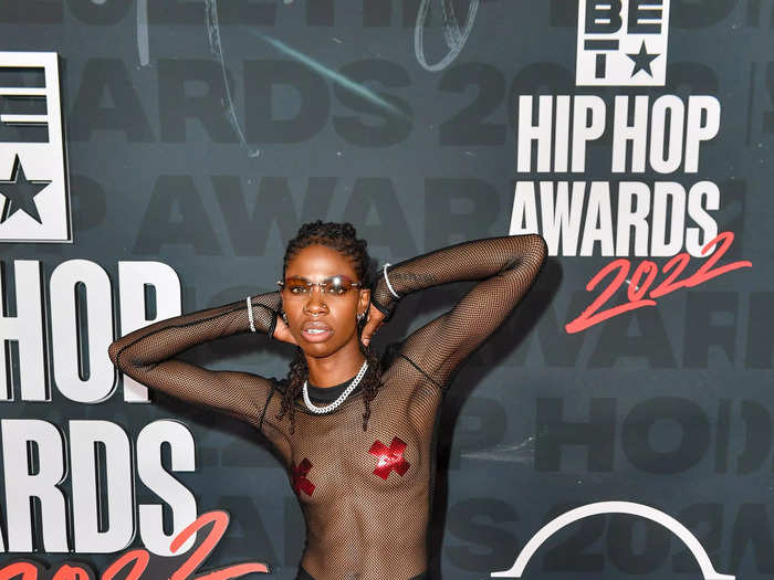 Haviah Mighty, who was nominated for an award at the ceremony, wore a daring sheer shirt with cherry-red pasties.