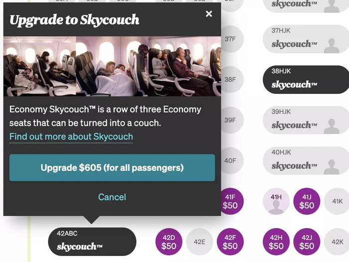 For example, a roundtrip flight from New York to Auckland in February 2023 in the Skycouch is $3,812 for one person. Premium economy on the same trip is $4,278, while business is $11,951.