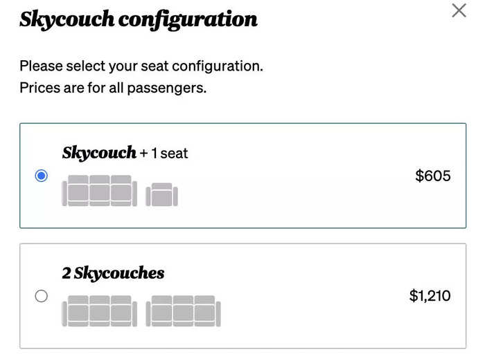 For those that book the Skycouch, the fee is added on top of the fare for the ticket. Solo passengers will typically pay a higher fee to book the Skycouch, but will not share with a stranger. Parties of three can bundle two Skycouches or one with an extra seat.