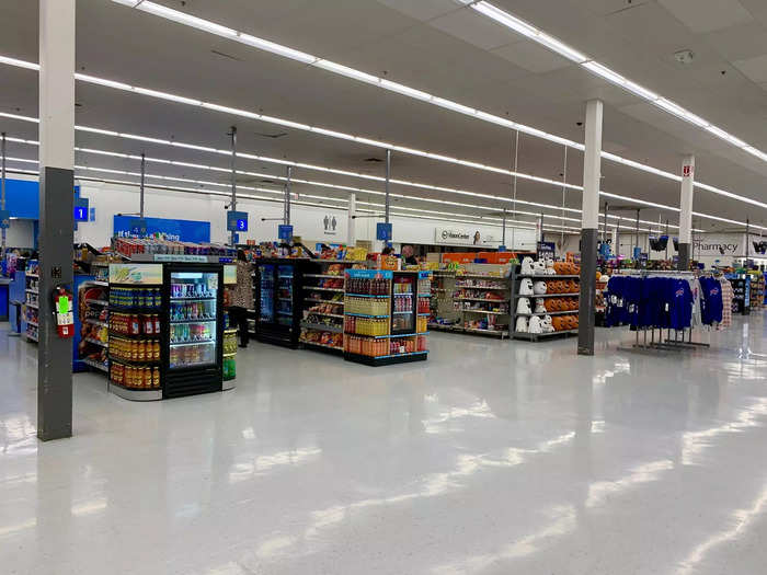 Checkout spans the whole length of the store, with over 20 aisles and self-checkout registers on either side.