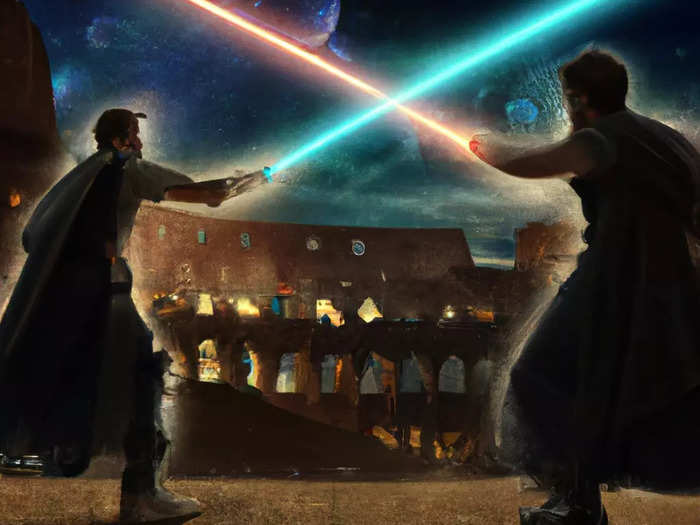 I was clearly feeling the outer space theme, so I searched for, "light saber battle in Ancient Rome"