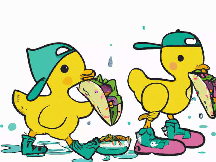 And this one, "an illustration of baby ducks wearing rain boots eating tacos" inspired by my friend who asked me to search for ducks.