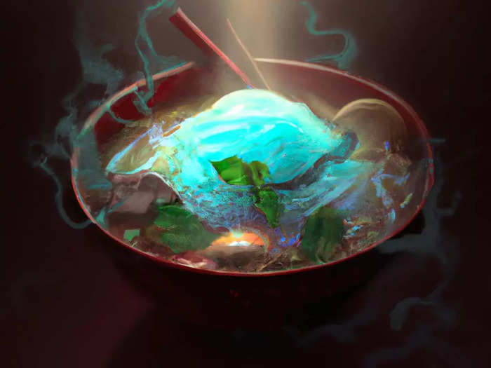 Here are some other examples of "generations" I made using DALL-E, like this "digital art" of one of my favorite dishes, pho.