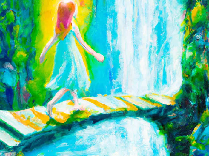 Each detail in your search will influence how DALL-E will create your image. For example, I used the same search term for two photos. For this one, I searched, "a bright painting of a girl walking over a bridge into a waterfall that opens into another dimension..."