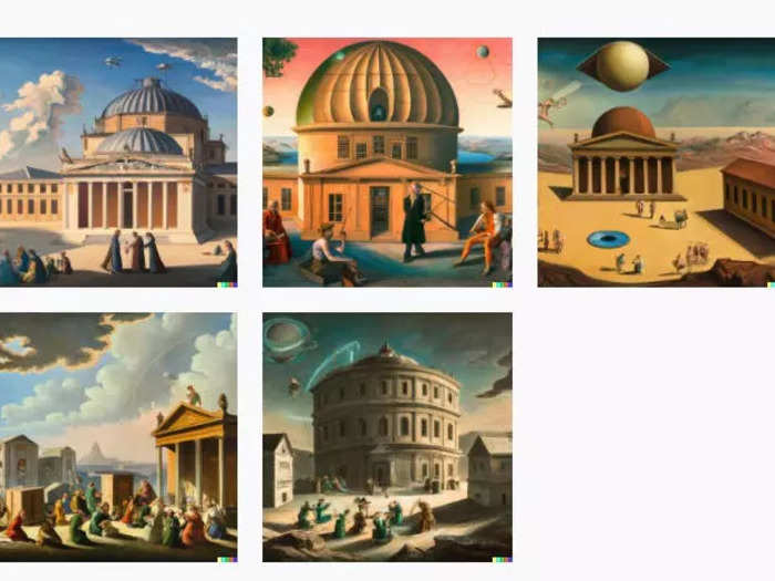 My favorite result from my searches on DALL-E were these images of "extraterrestrial School of Athens by Raphael."