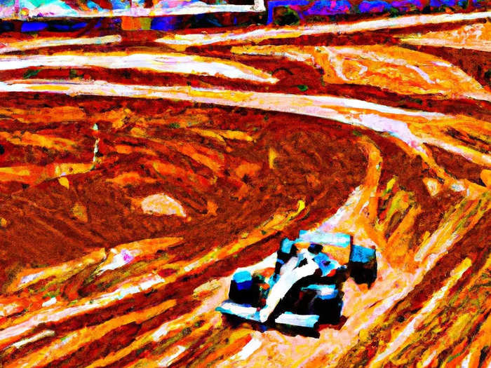 I did another search with a different artist in mind. For this image, I searched for "van Gogh style painting of Formula 1 car driving on Mars." Compared to what DALL-E gave me for Klimt, I thought this image more closely resembled a Vincent van Gogh painting.