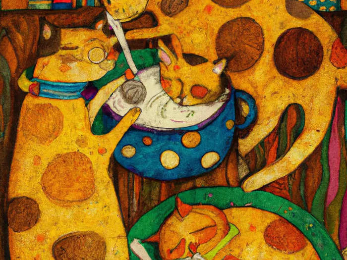 The first search I did on DALL-E was of cats eating soup. One of my favorite paintings is "The Kiss" by Gustav Klimt, so I searched for this image and added, "in the style of Gustav Klimt." This image was the best of the four that DALL-E gave me, but none of the images really resembled "The Kiss."