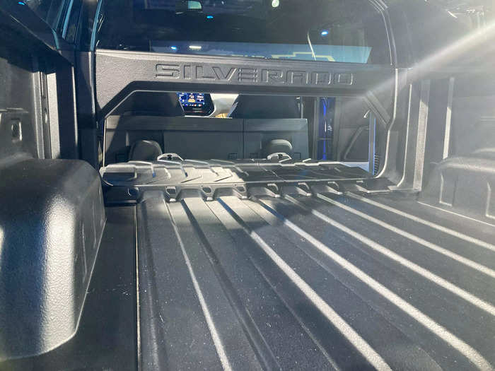 With the midgate open, the Silverado EV provides just over nine feet of storage between the cab and tailgate.