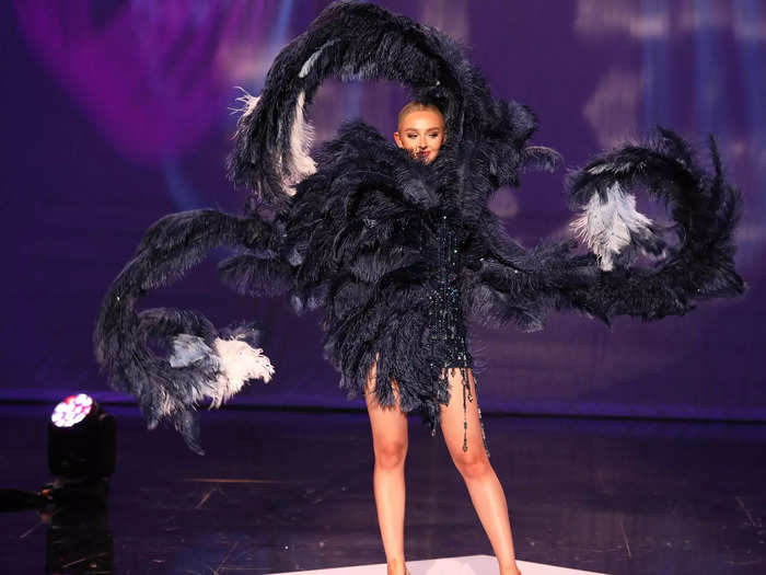 Miss Maine walked the runway in an all-feathered look designed to represent her state