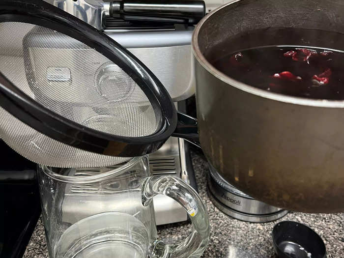 Once the tea concentrate has cooled, you can use a strainer and pour the tea directly into the pitcher.