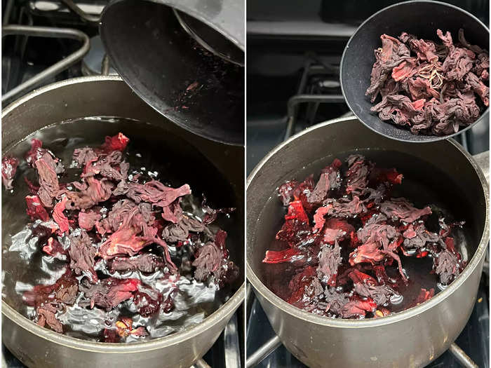 Next, add two cups of dried hibiscus leaves to the water and bring to a boil.