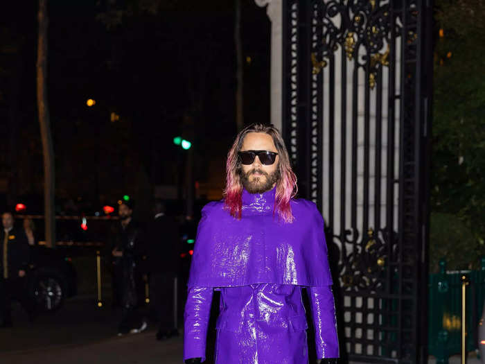 Jared Leto took a different approach for the event, wearing a purple leather suit and dark sunglasses.