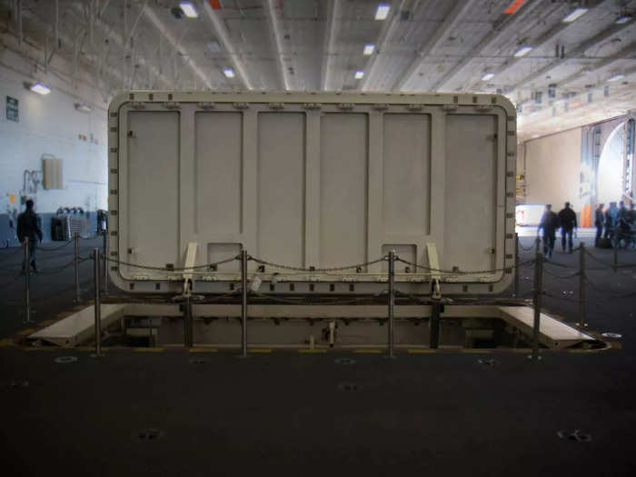 One of the advanced weapons elevators that moves ordnance, such as bombs and missiles, up to the flight deck.