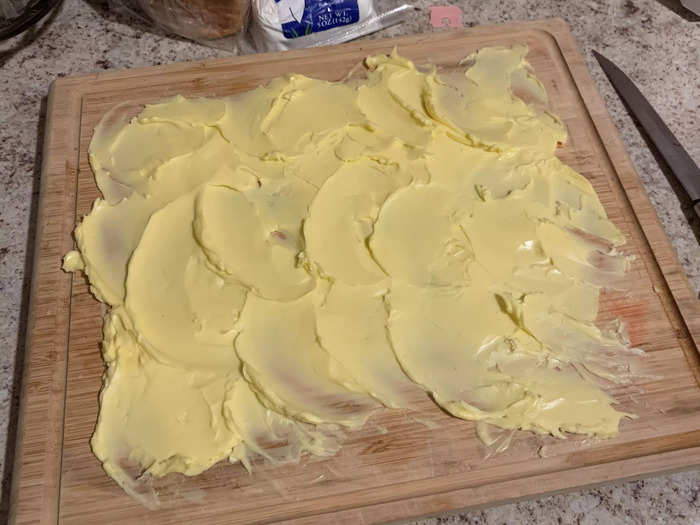 I slathered the butter onto the cutting board. This part could initiate a turn-back-now reflex but I encourage you to continue