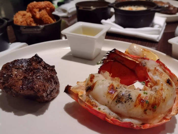 We did splurge on one specialty restaurant, Fahrenheit 555 Steakhouse, for surf and turf.