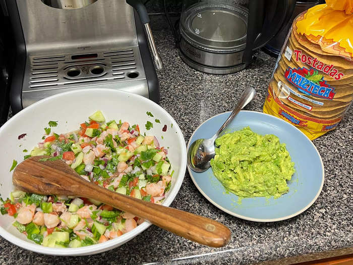 When the time is up, your ceviche is ready to be served. I recommend eating ceviche on a tostada, topped with avocado and hot sauce.