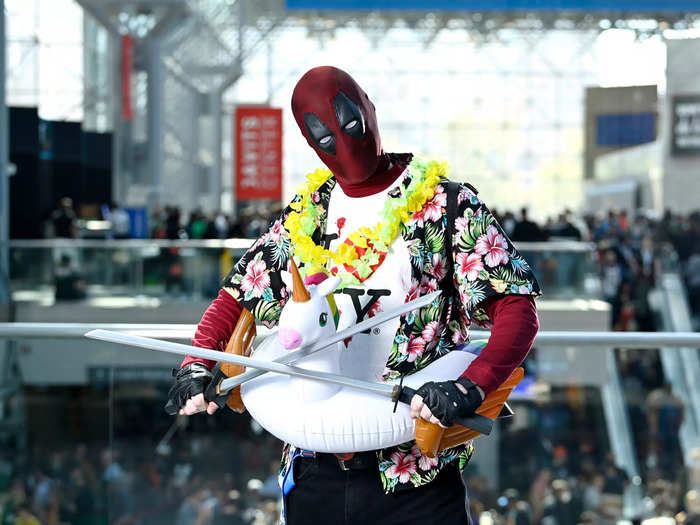 This version of Deadpool rocked a floral shirt, an "I Love NY" top, a lei, and a unicorn floatie.