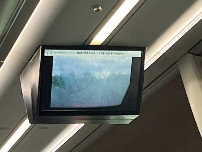 One fun aspect of the Frecciarossa was the screen showing live footage of the view from the front of the train. The camera was dirty, though, making it hard to see.