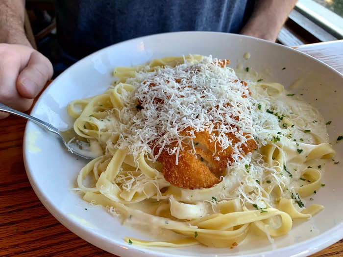 I wanted to see how the promotion stacked up with protein, so my fiance got fettuccine Alfredo with crispy chicken for the other Never Ending Pasta order.