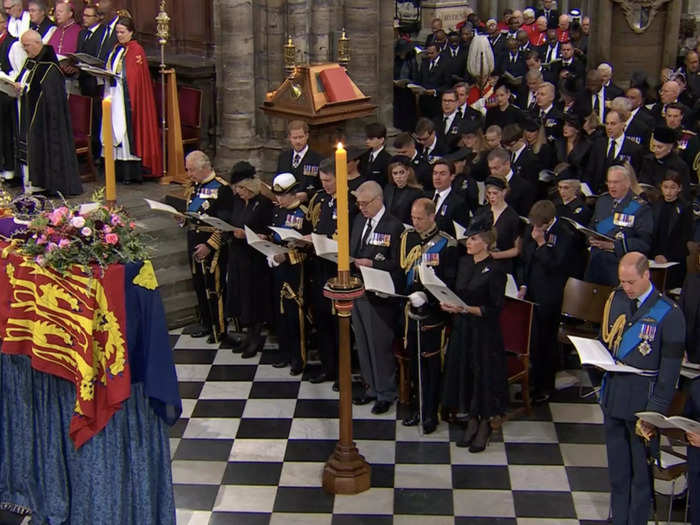 Charles and Camilla were joined by his siblings as well as William and Kate and their eldest children, Prince George and Princess Charlotte, in the front row.