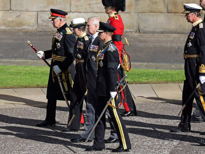 Charles, Princess Anne, Prince Andrew, and Prince Edward walked behind the Queen