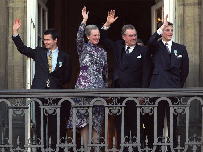 Queen Margrethe marked 25 years on the throne in January 1997. The Queen and her family greeted crowds participating in the celebrations.