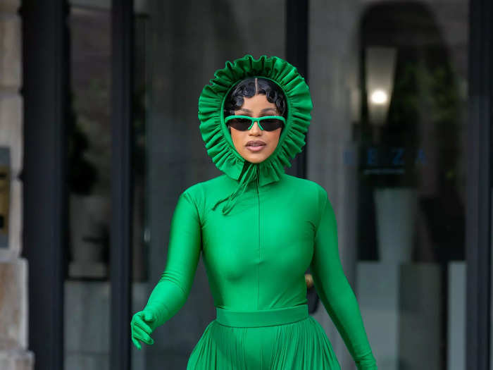 During Paris Fashion Week in 2021, Cardi B wore a bright green outfit that resembled a morphsuit.