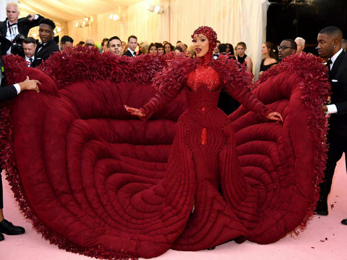 The following year, Cardi B attended the Met Gala in a billowing red gown with statement jewel appliques.