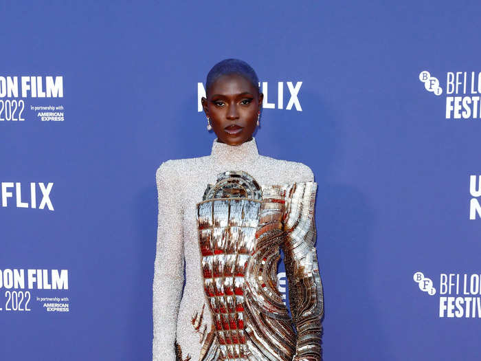 Turner-Smith mixed textures and trends in this futuristic Balmain gown she wore to the London Film Festival