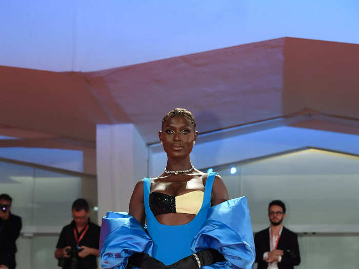 Turner-Smith stunned in this black and blue gown with detached puffy sleeves and silk train during the 2022 Venice Film Festival in September.