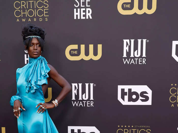 Turner-Smith donned an off-the-shoulder silk blue dress when she hit the 2022 Critic