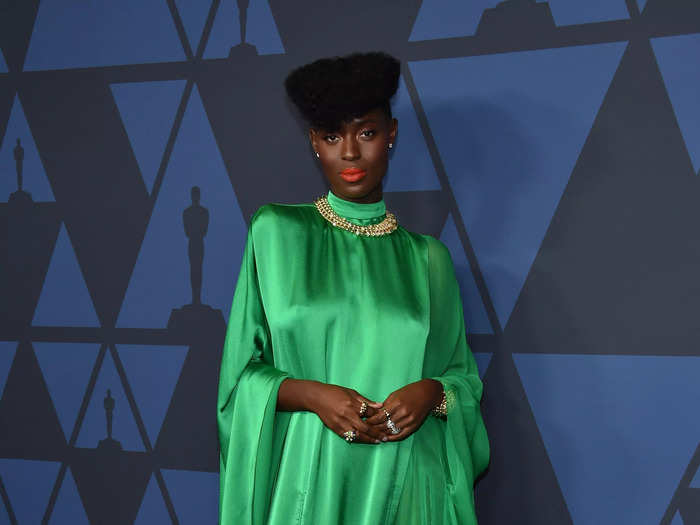 At the 11th Annual Governors Awards Gala in October 2019, Turner-Smith donned a Balmain emerald green silk one-piece.