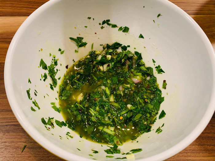 I combined all of the ingredients to make the chimichurri.