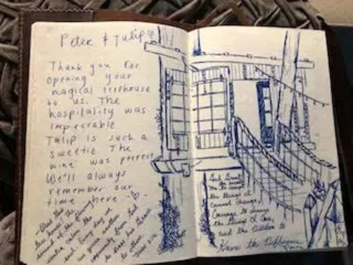 Visitors share reviews and even occasionally leave drawings for Bahouth — sharing the impact the three tree houses have had on them.