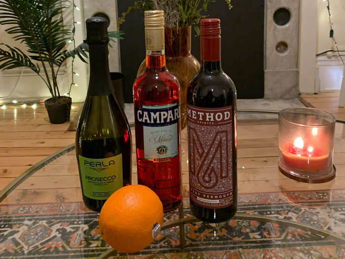 Altogether, I spent $75 buying the ingredients — prosecco, Campari, sweet vermouth, and a lone orange to be peeled for garnish.