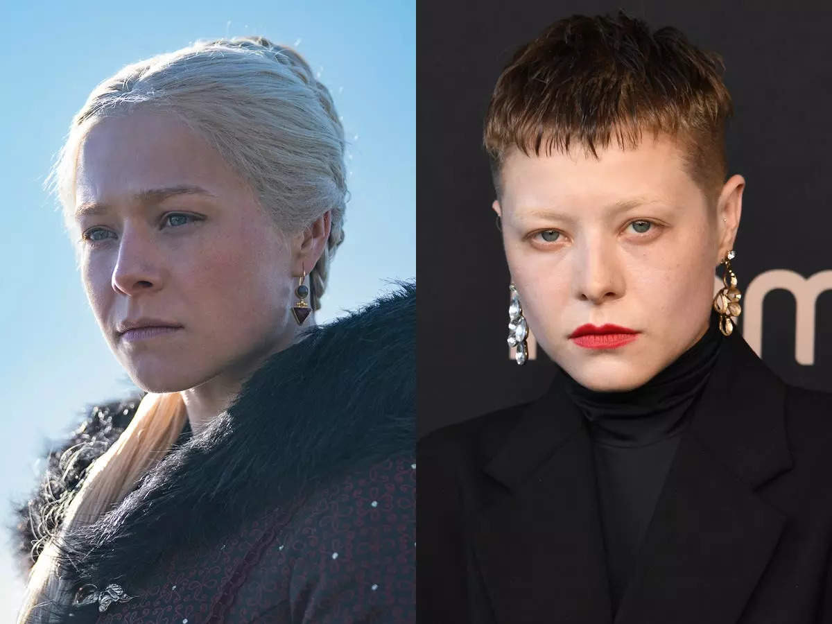 A side-by-side image of a character (Rhaenrya Targaryen) in "House of the Dragon" and actor Emma D