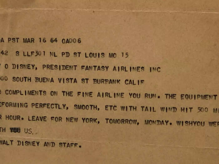 A 1964 Western Union telegram from St. Louis to Burbank sent by Walt Disney humorously referred to his brother Roy as "President of Fantasy Airlines" and offered "compliments on the fine airline you run."