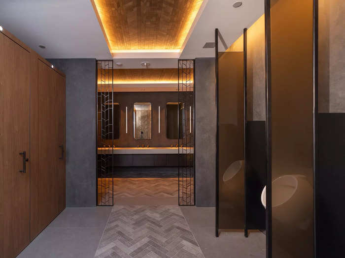 The bathroom doors connect all the way from the ceiling to the floor, giving guests even more privacy.