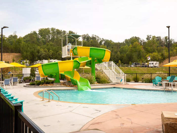 A pool with a water slide was located just off the hotel