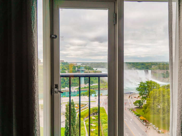 My room came with floor-to-ceiling windows and a door — though there was no actual balcony to go out on. It was just provided for a better glimpse of Niagara Falls. When I opened the door, I could hear the water crashing down.