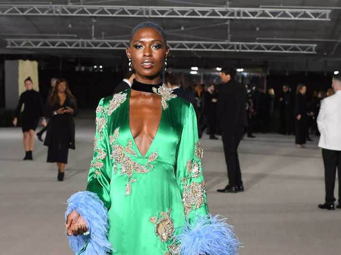 Feathers were clearly trending at the gala – Jodie Turner-Smith wore blue feathers with a jade-green Gucci dress.